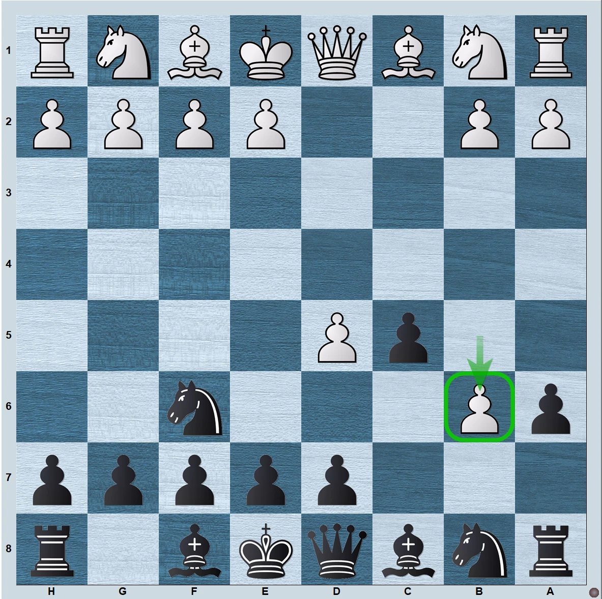 Position after 5.b6 — White immediately returns the gambit pawn,Variation