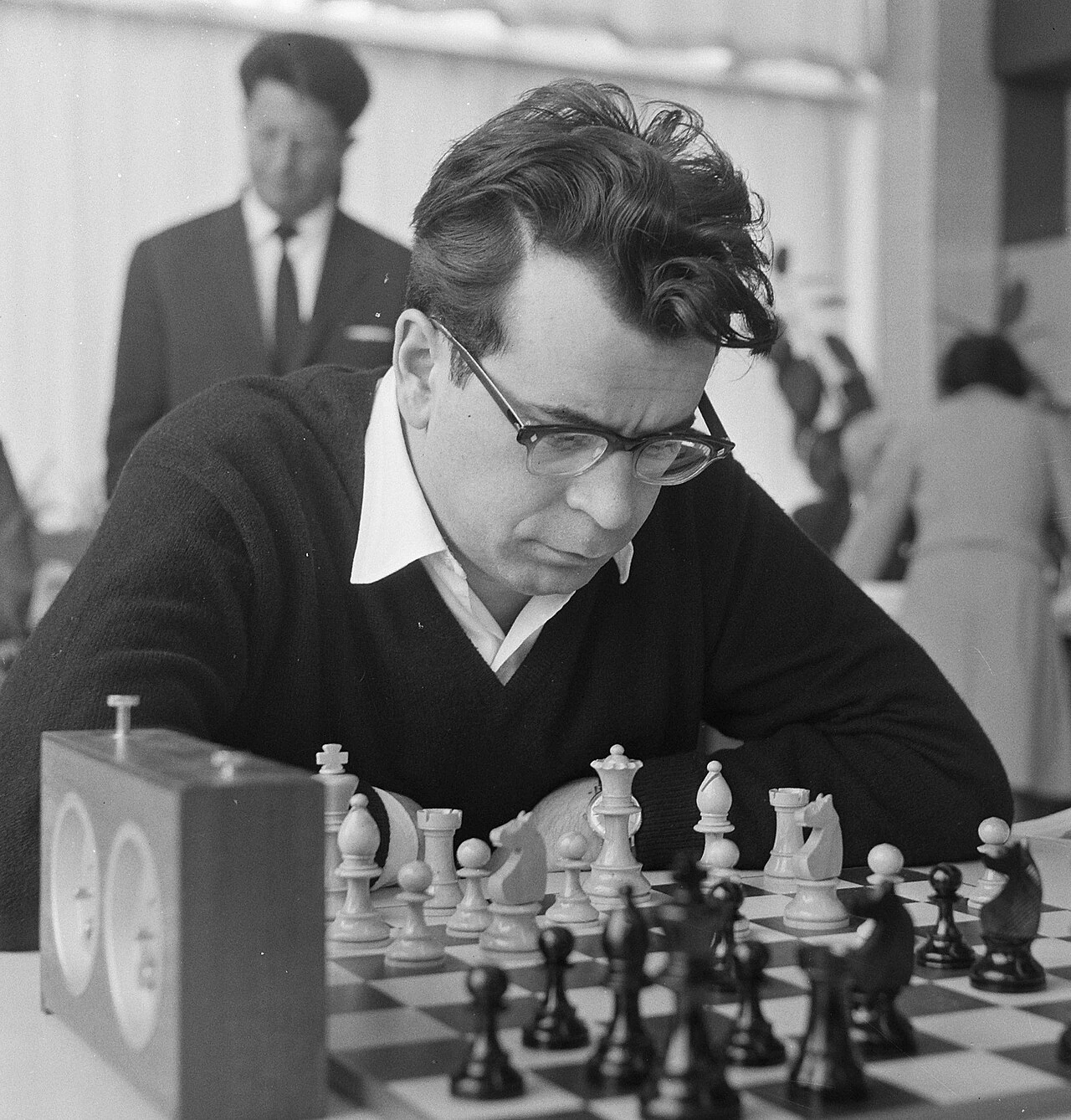 Pal Benko concentrating during a chess game in 1964, Historical photo