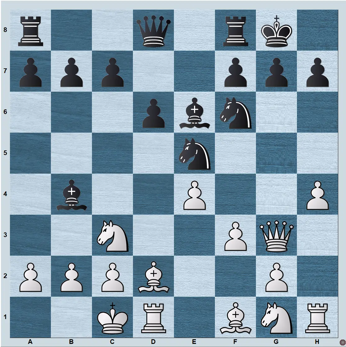 Center Game attacking position with opposite-side castling and White's h-pawn advancing